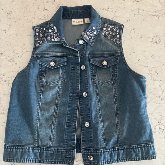 Chico's Jackets & Blazers - Chico’s platinum embellished blue denim vest size 1 =medium